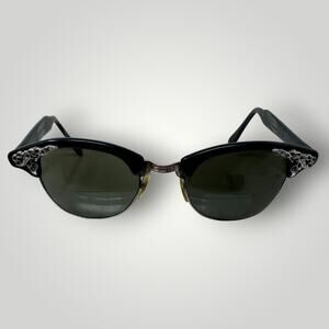 Vtg Riso 1940s Black Cat Eye Sunglasses Eyeglasses Diamante 5.5 12k Gold Filled